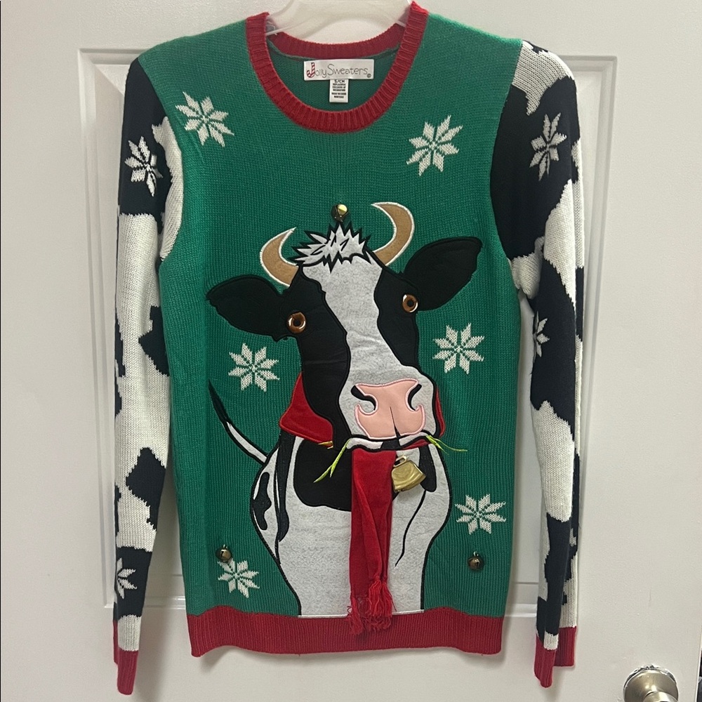 Cow Print Christmas Sweater - Green, Black, White